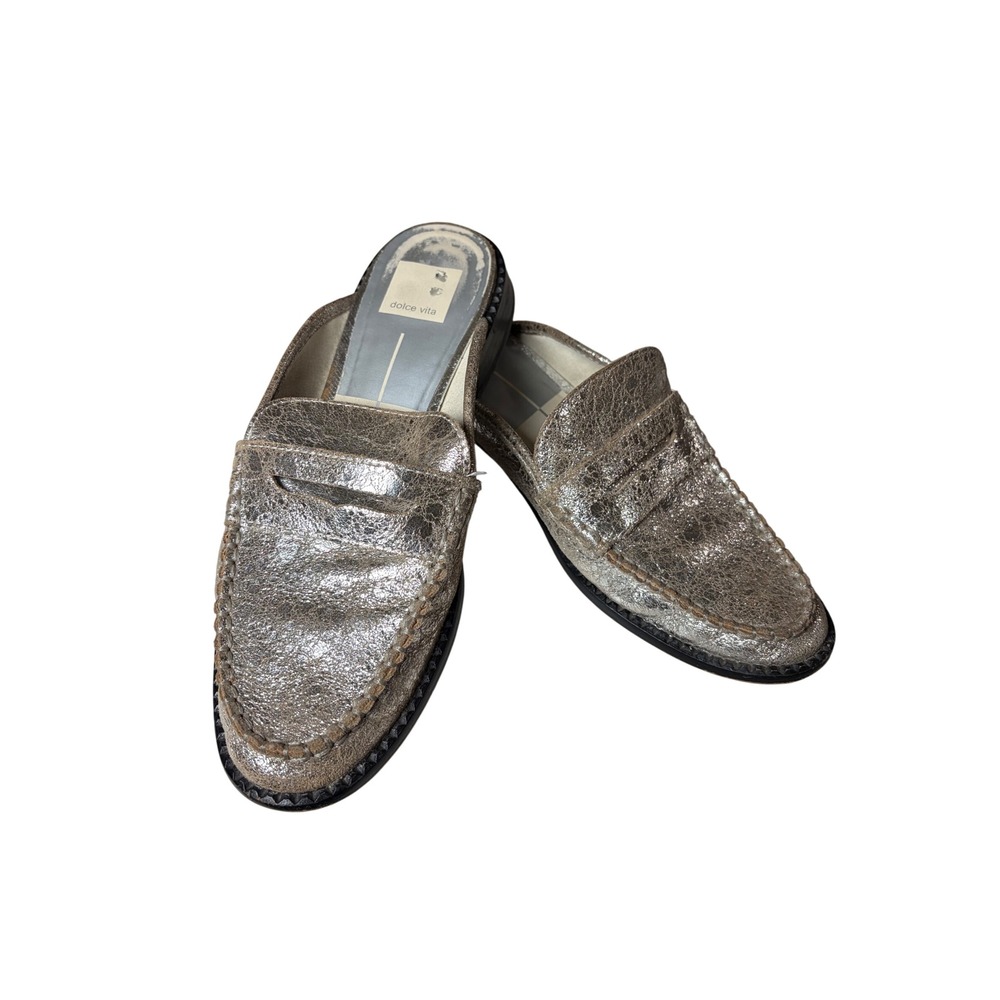 Dolce Vita Womens Metallic Silver Distressed Leather Penny Loafer Mules Size 7.5